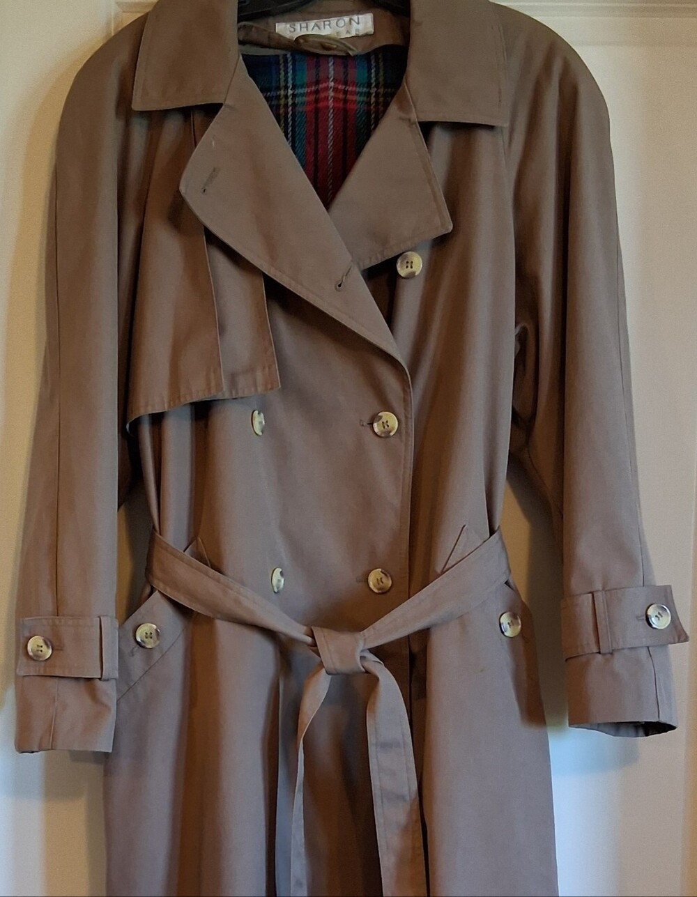 VTG Women's SHARON Brown Trench Coat Lined Belted Double Breasted Size 12 Poland